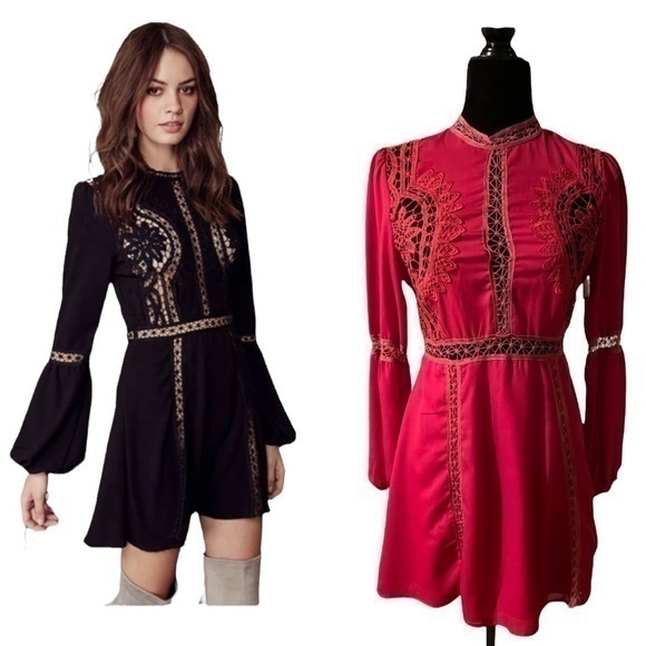 NWT San Joy Red Long Sleeves Crochet Penelope Fitted Mini Dress Sz M - Picture 1 of 14